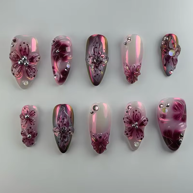 24 pièces fleur impression presse sur ongles vin rouge Blush amande faux ongles conseils portable ré