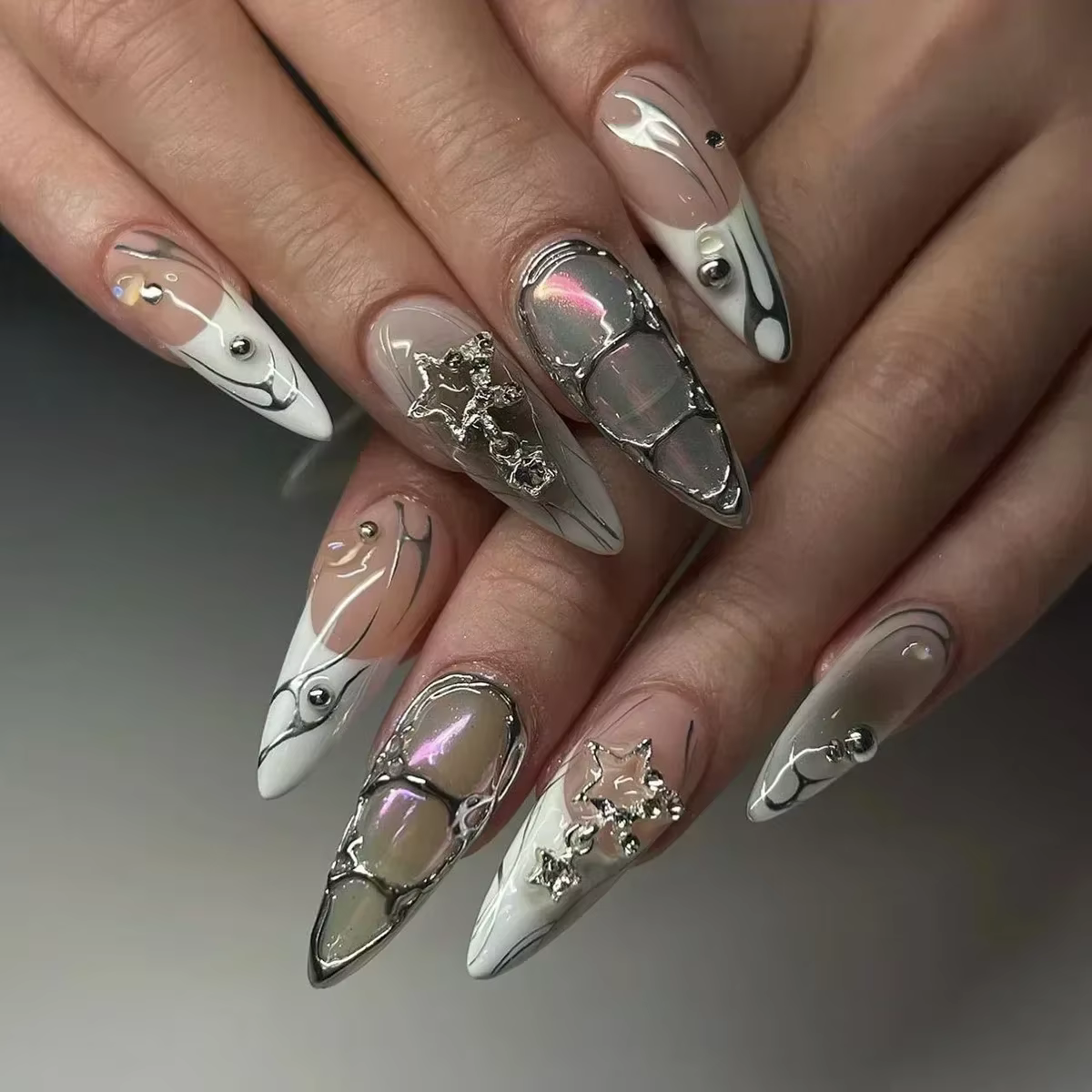 Faux ongles français en amande, 24 pièces, paillettes avec strass, portables, artificiels, simples,