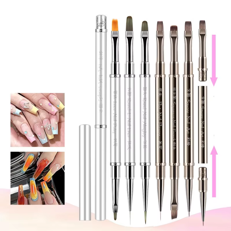 Brosse à ongles à Double tête avec manche en métal, brosse de revêtement, stylo de peinture, brosse