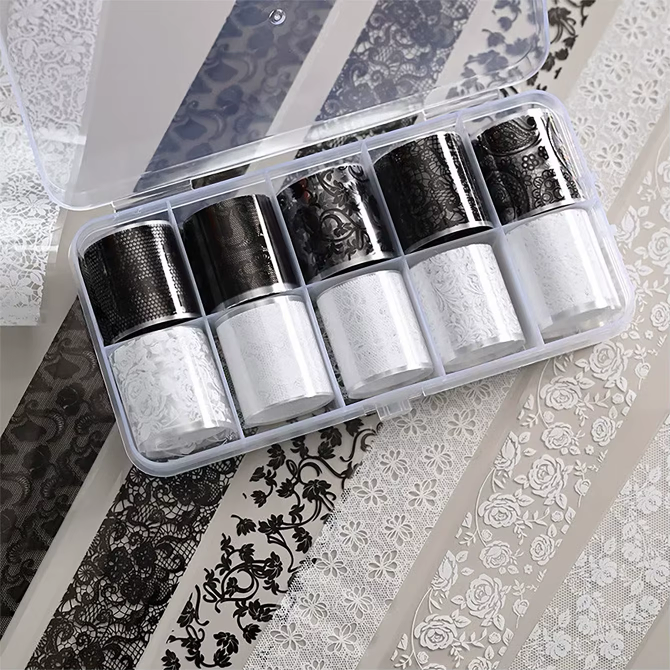 Papier de transfert pour nail art noir et blanc à motif dentelle – Best-seller des célébrités d'Inte