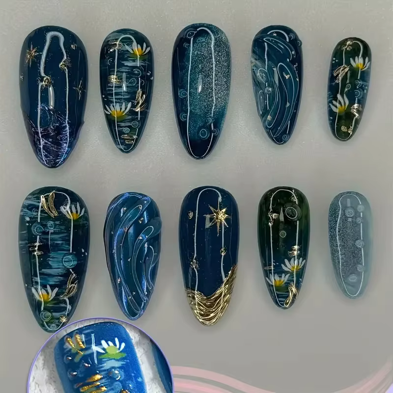 10 pièces à la main faux ongles Art océan coquillage Design bleu mi-long ovale faux ongles conseils
