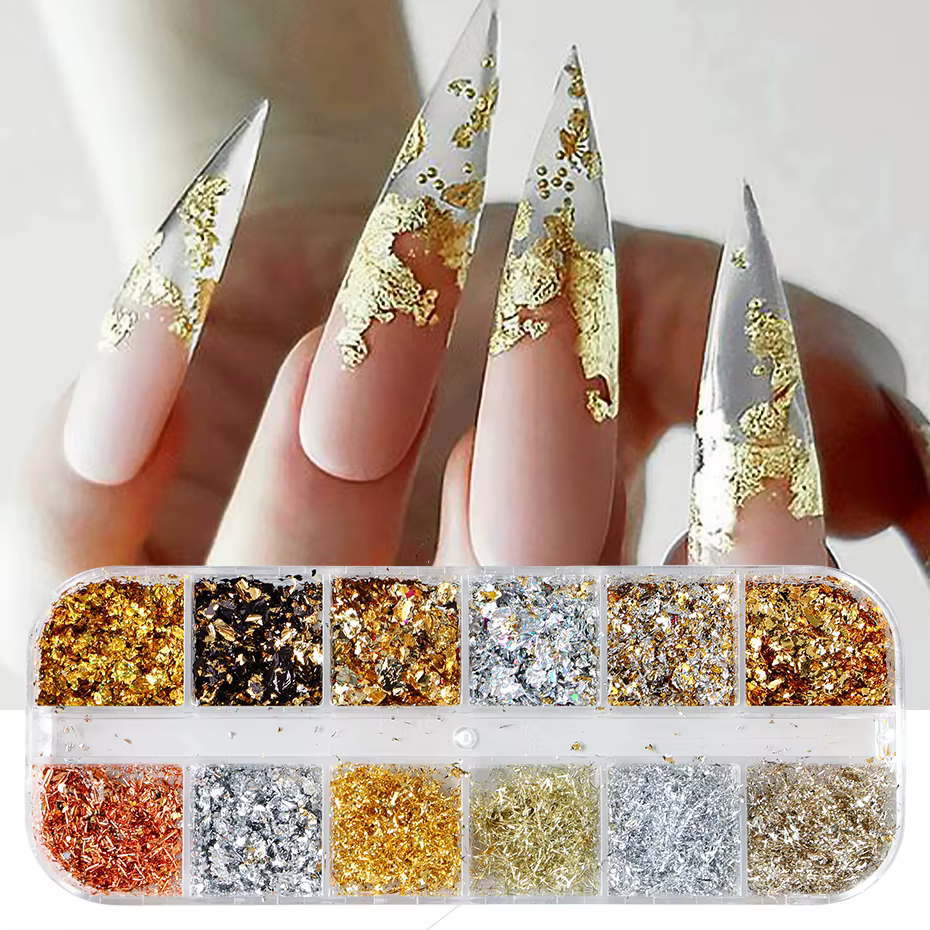 Feuilles d'or pour ongles magnifiques, 12 couleurs, paillettes aléatoires, flocons d'aluminium, puce