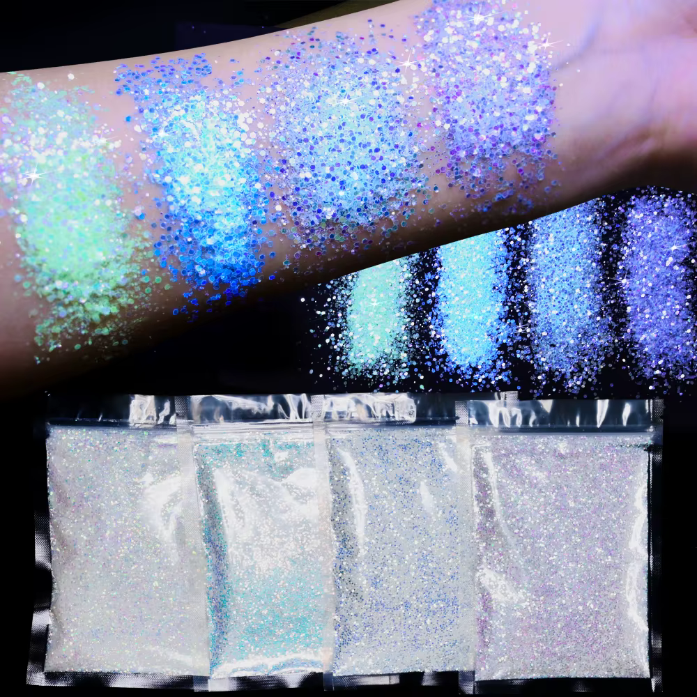 Poudre à Ongles Brillante dans le Noir, Pigment Bleu, Vert, Lumière Shoous, Poussière Phxing, Paille