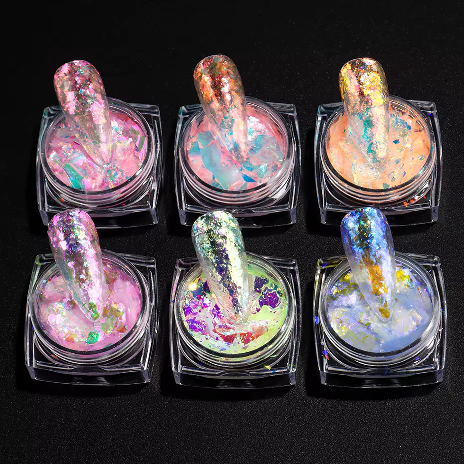 Paillettes pour ongles Aurora Opal, 6 pièces, pigment arc-en-ciel, paillettes de sirène en cristal, 