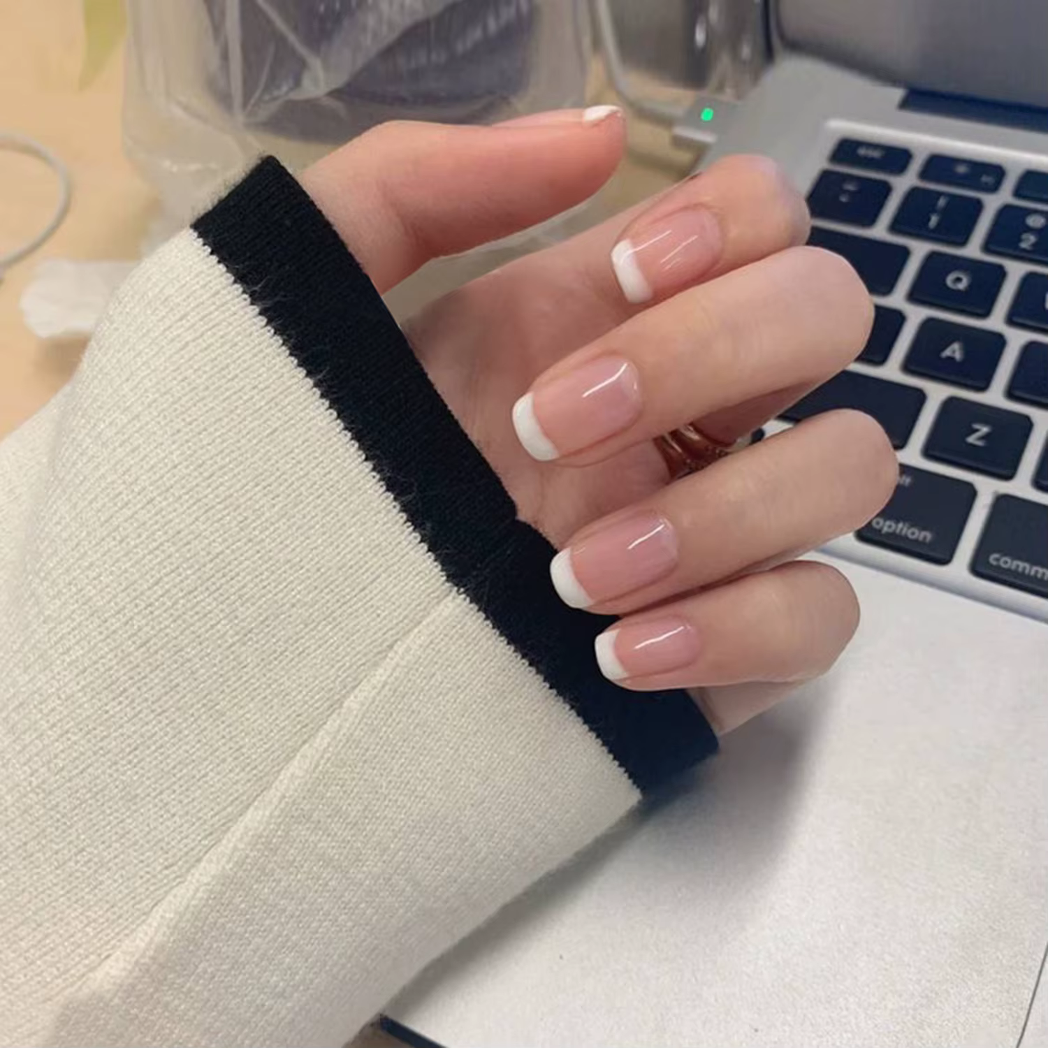 Faux ongles artificiels à couverture complète, 24 pièces, rose nu, français, blanc, côté, N64.court,