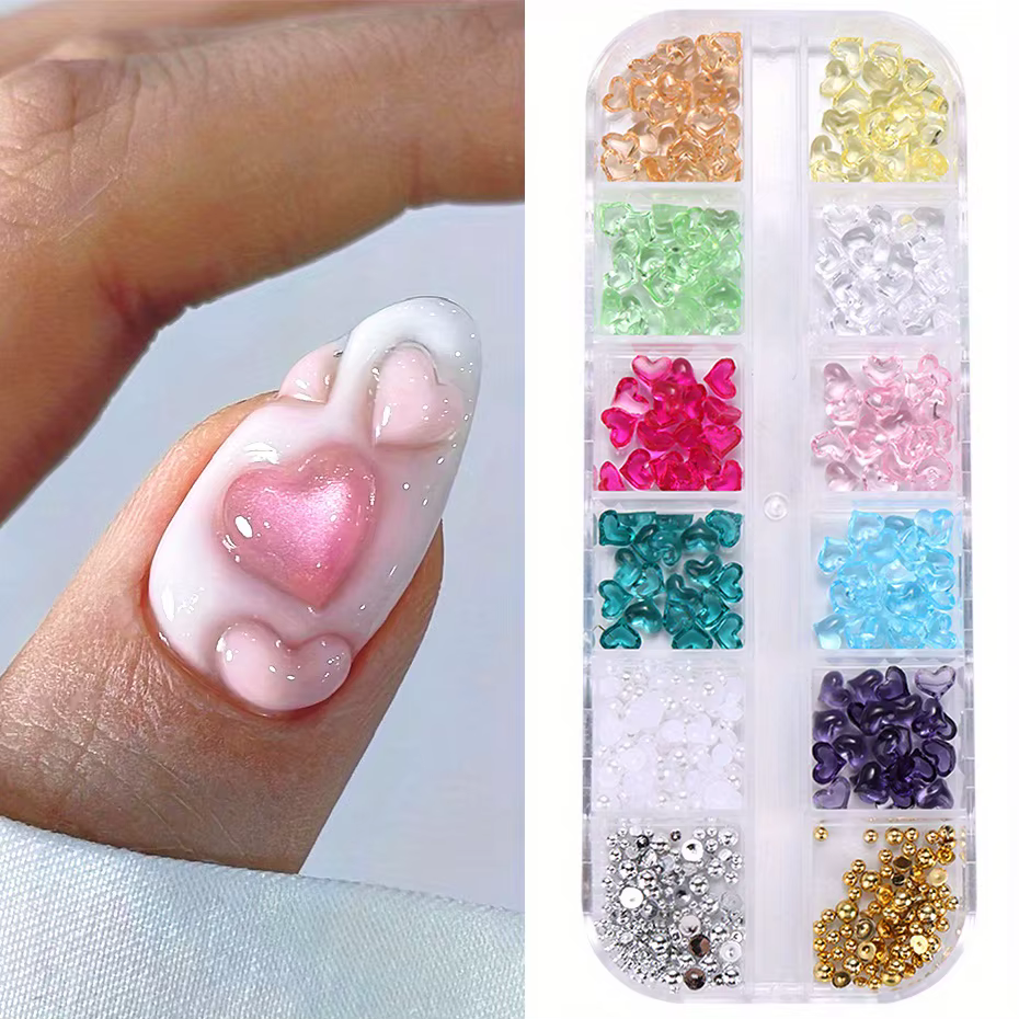 12 grilles en forme de cœur pour Nail Art, breloques transparentes en forme de cœur d'amour, bijoux