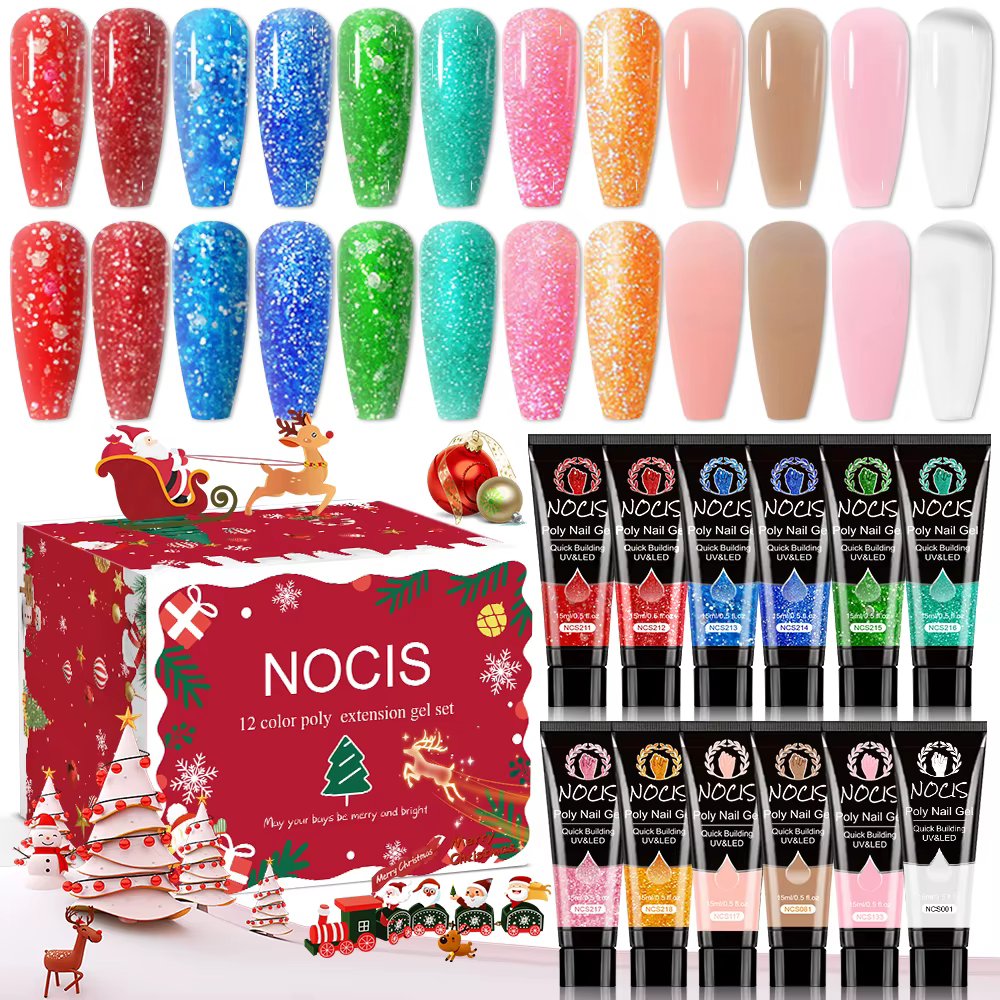 Kit de gel pour extension d'ongles -NOCIS Noël 12 couleurs Gel pour ongles Poly Gel pailleté doré Co