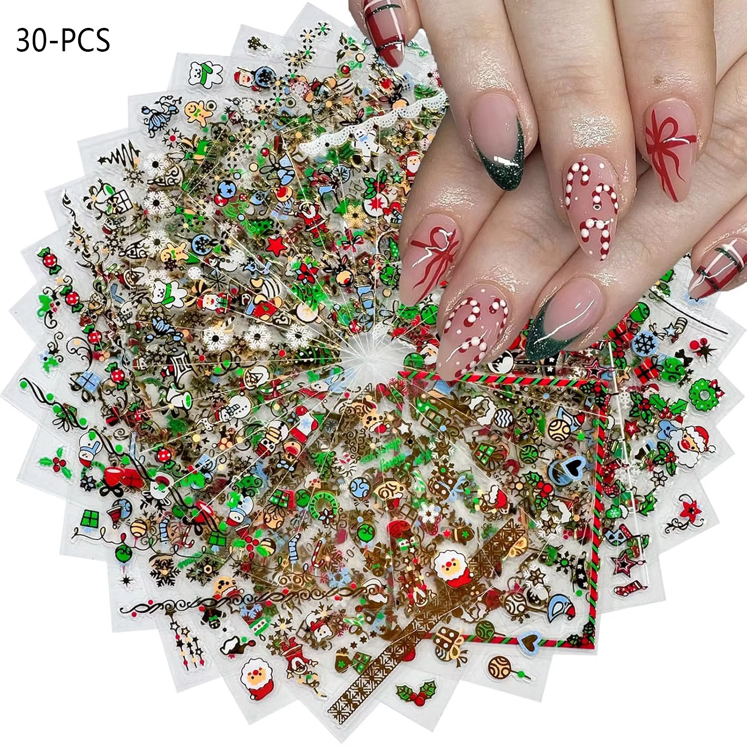 30 autocollants pour ongles de Noël auto-adhésifs – Motifs sélectionnés de flocons de neige, du Père