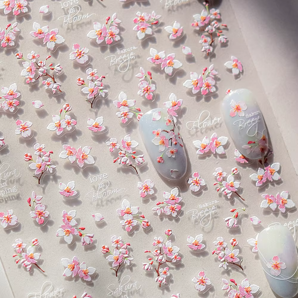 Autocollant 5D pour Nail Art, pétale de printemps, fleurs de cerisier, branche de pêche vivante, adh