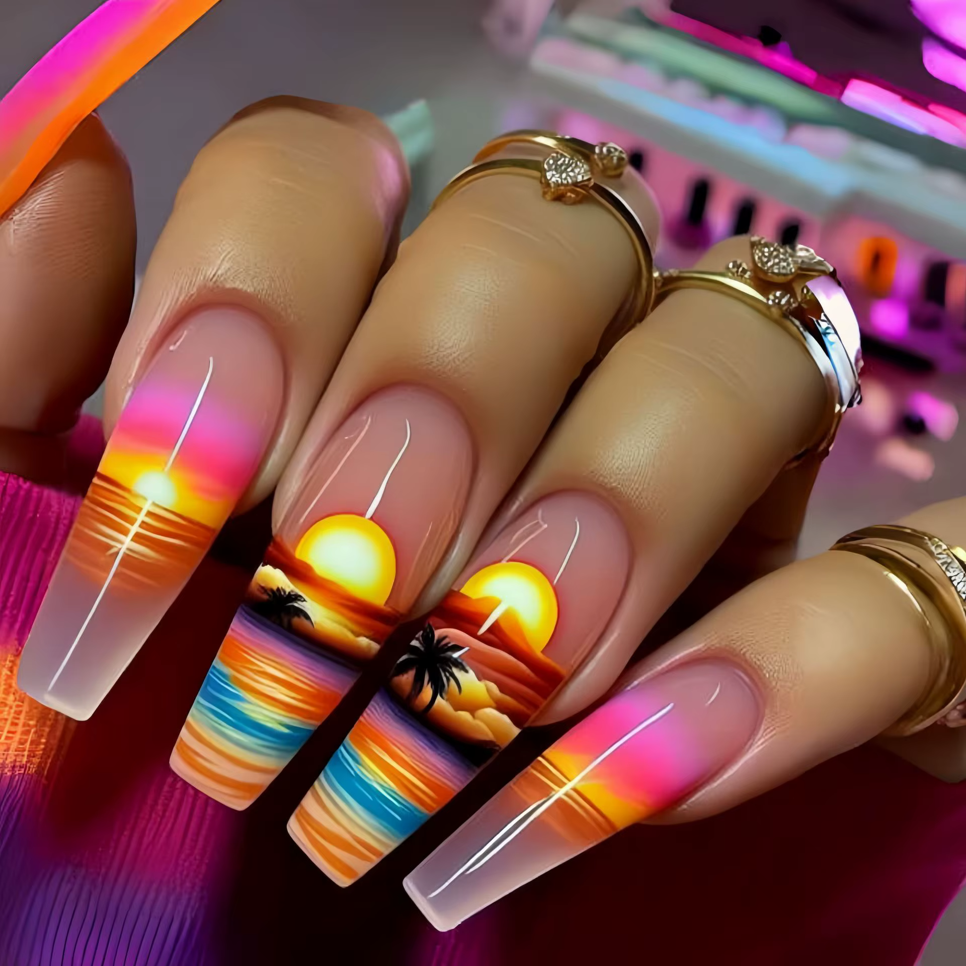 24 pièces/ensemble faux ongles mi-longs dégradé bleu océan poisson soleil fleurs papillon carré ball