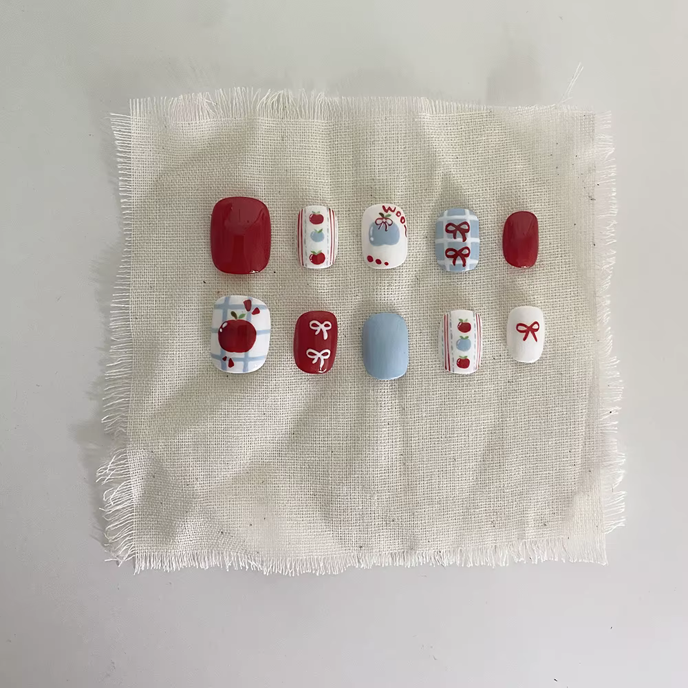 Faux ongles courts et mignons, rose, cerise, aile, flocon de neige, Design, fleurs peintes à la main