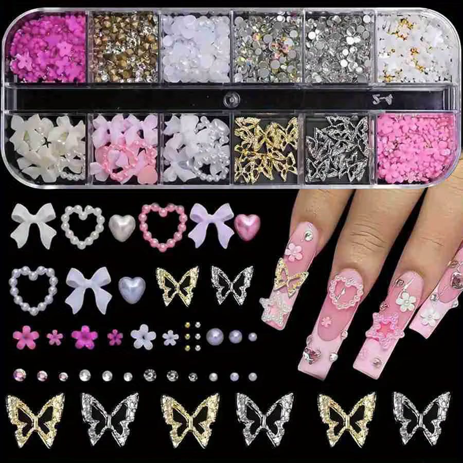 Strass pour ongles en alliage mixte, 12 grilles, nœud papillon, Mini fleur, gemmes, perles, cœur, dé