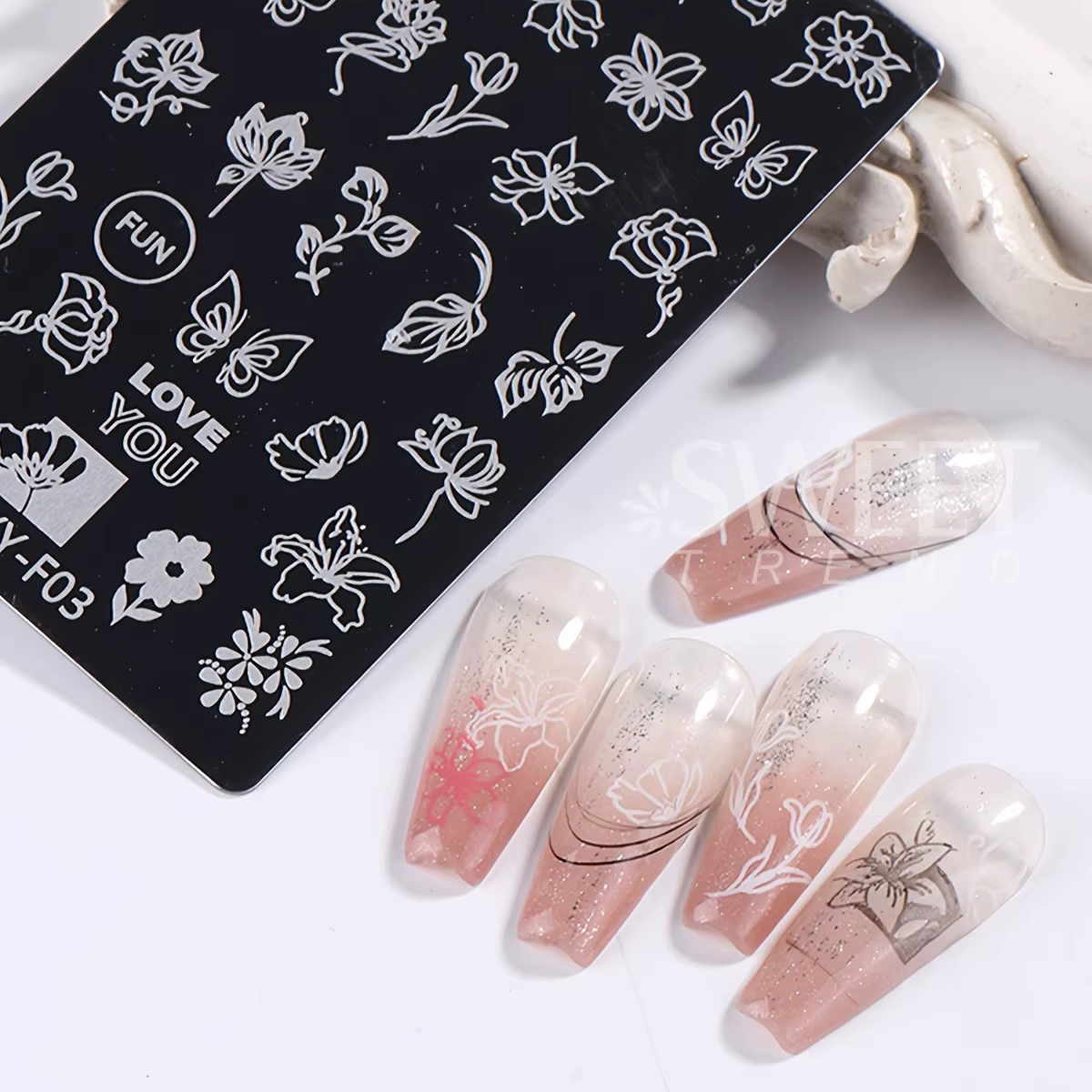 Plaque d'estampage pour Nail Art, feuilles de fleurs simples, cadre Floral papillon, Image géométriq