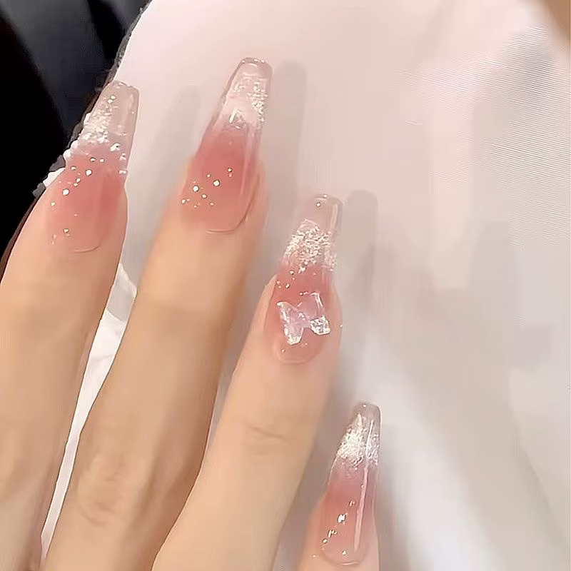 10 pièces de faux ongles à presser papillon rose, effet œil de chat, blush, faits à la main, pour fe