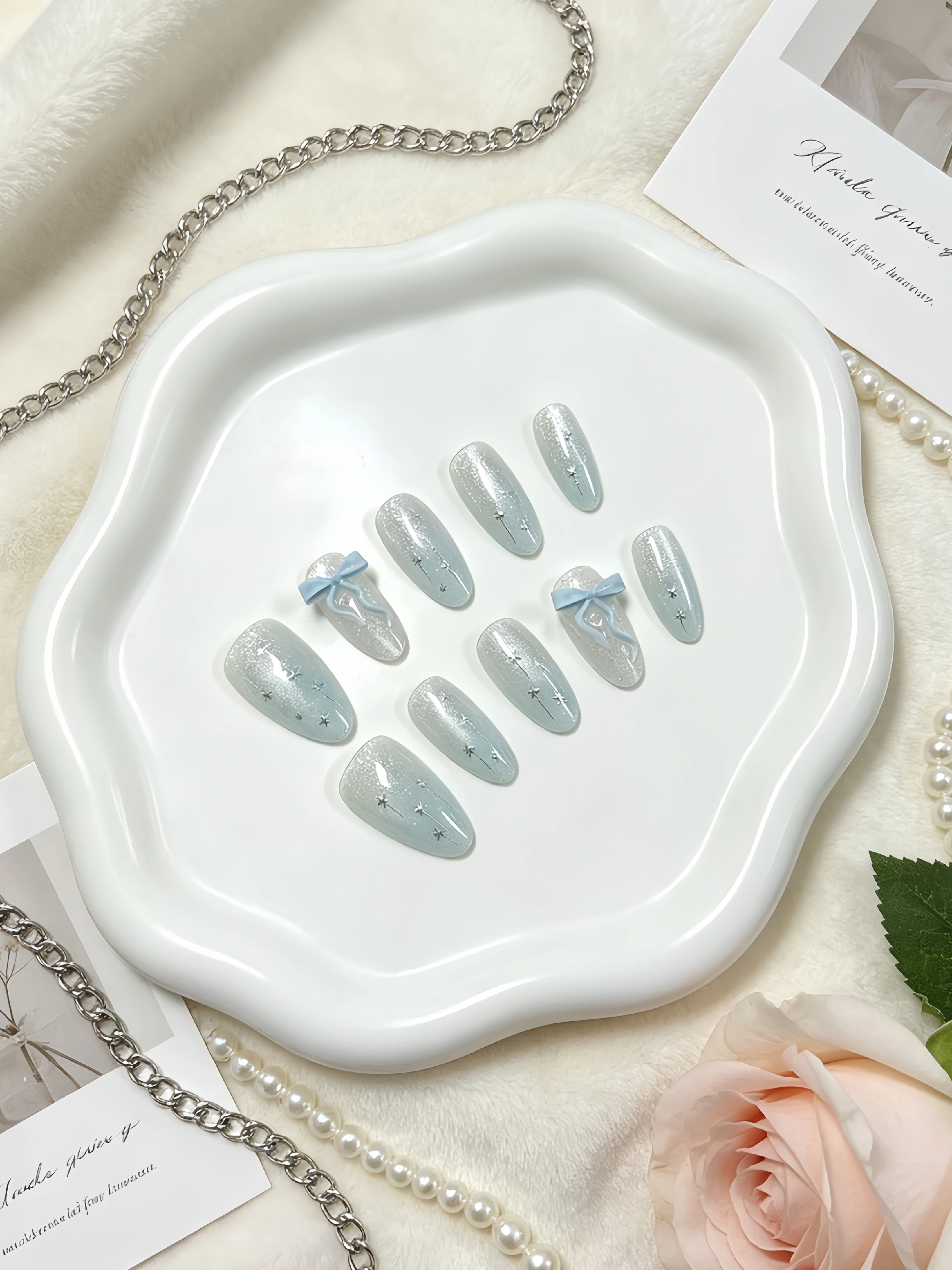 10 faux ongles en forme d'amande, dégradé blanc laiteux et vert menthe, effet œil de chat, avec pail