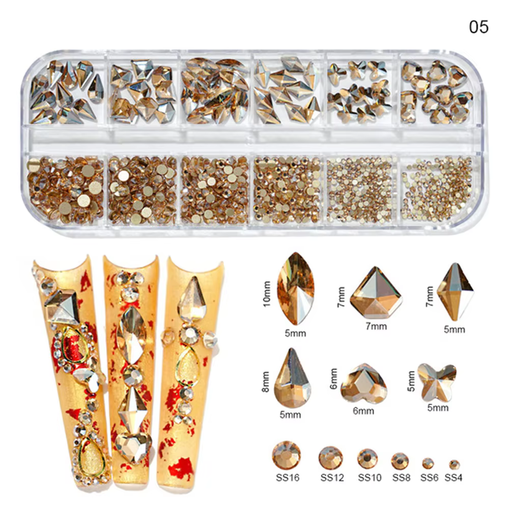 Strass 3D or/Champagne pour Nail Art, 12 grilles, formes mixtes, diamants en verre à dos plat, brelo