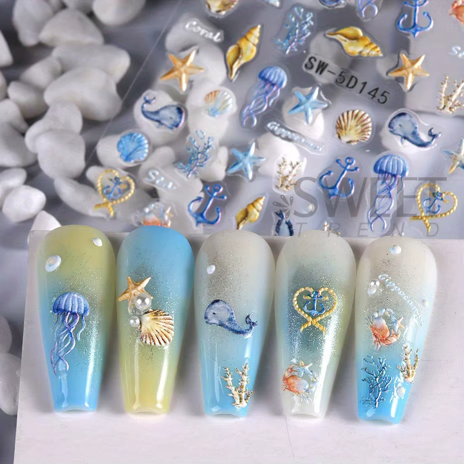 Autocollants pour ongles 5D méduse, plage d'été, coquille blanche, étoile de mer, vis adhésive, curs