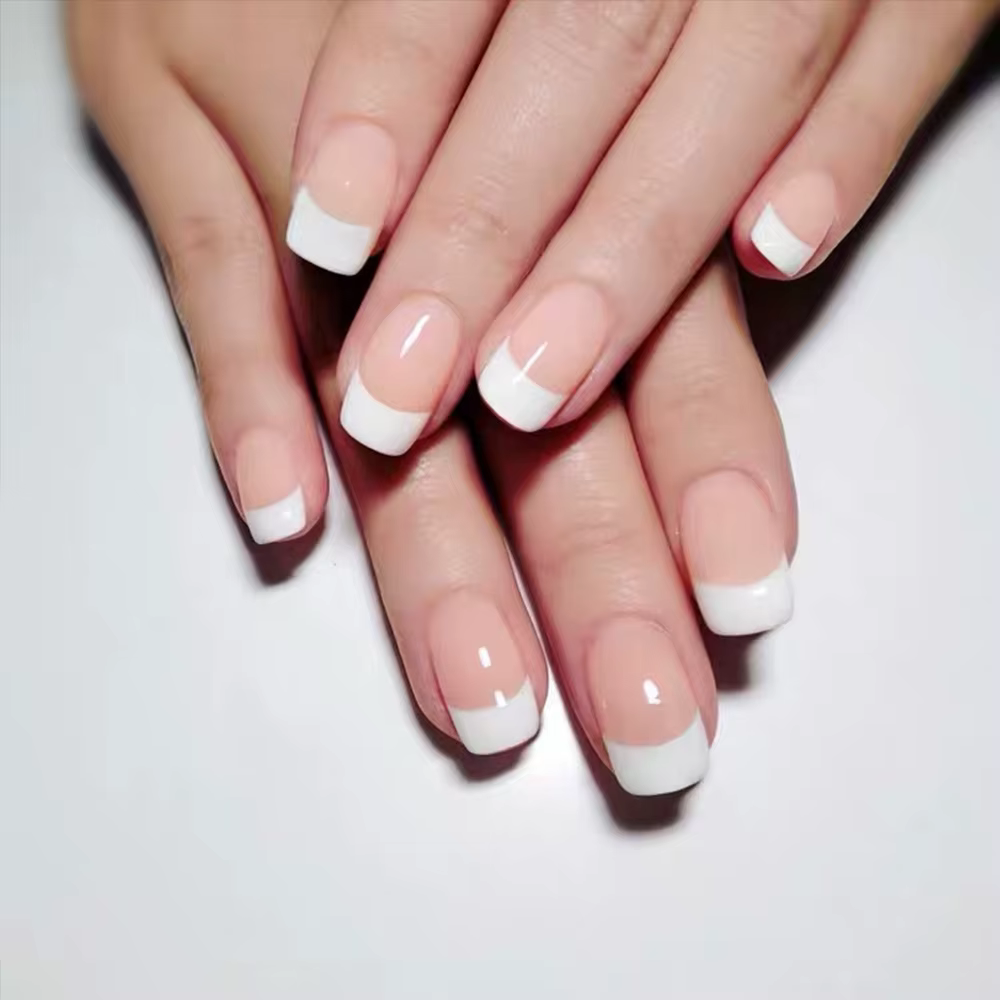 24 pièces brillant moyen carré presse sur ongles rose Style français faux ongles doigt artificiel ma