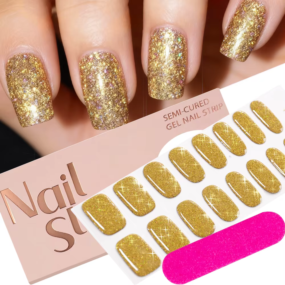 Autocollants pour ongles en Gel à paillettes rouges de noël, 16 pointes, bandes semi-durcies UV/LED,