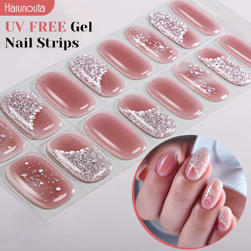 Bandes de Gel pour ongles sans UV, vernis Gel rose à paillettes, autocollants adhésifs sans durcisse