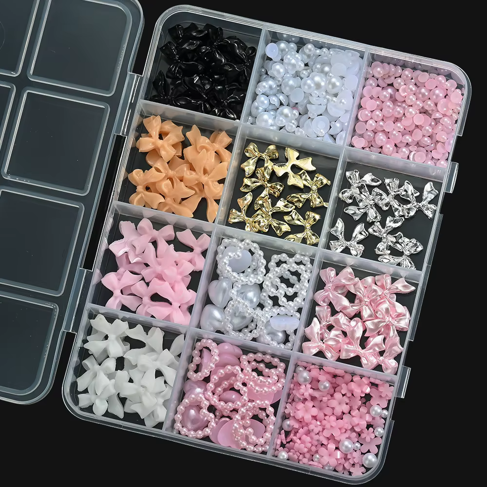 12 grilles 3D ruban multicolore fleur Nail Art breloques simulés pétales amour, nœud papillon en mét