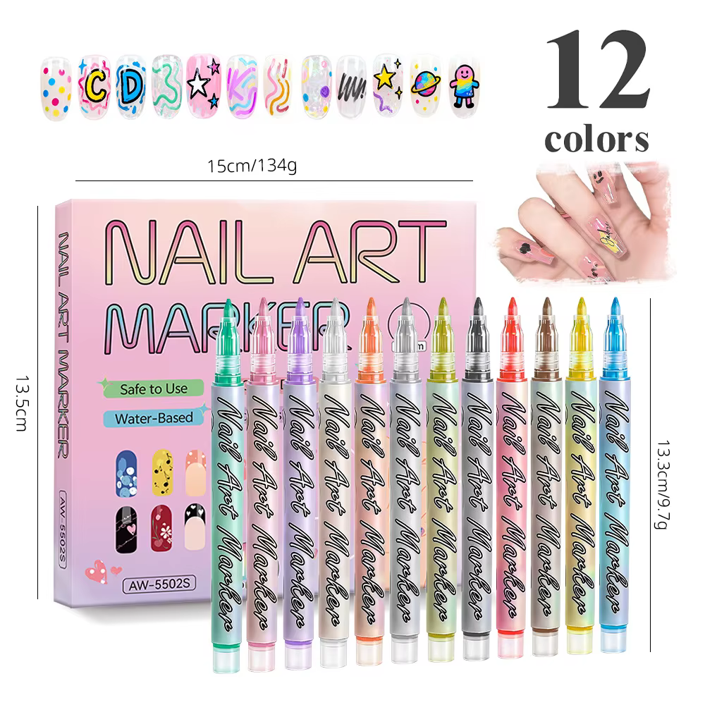 Stylos pour Nail Art 12 couleurs 0.7MM, Kit de stylo pour vernis à ongles étanche à séchage rapide,