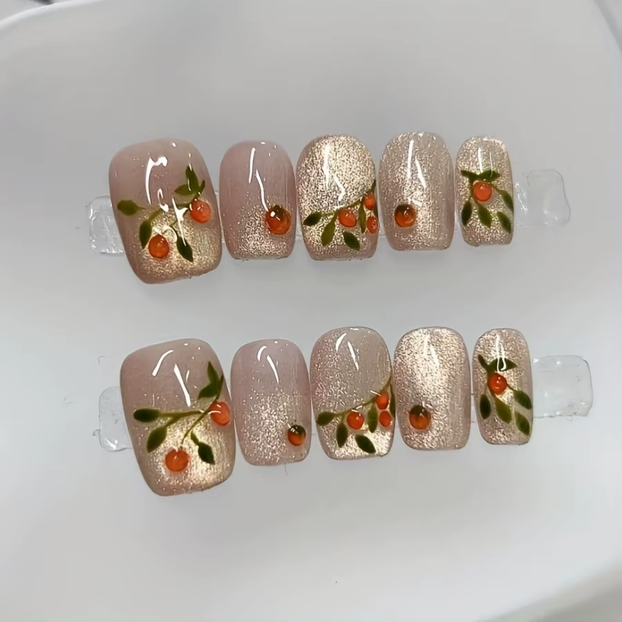Nail art carré court pressé à la main, beaux faux ongles, nail art kaki à paillettes orange, adapté