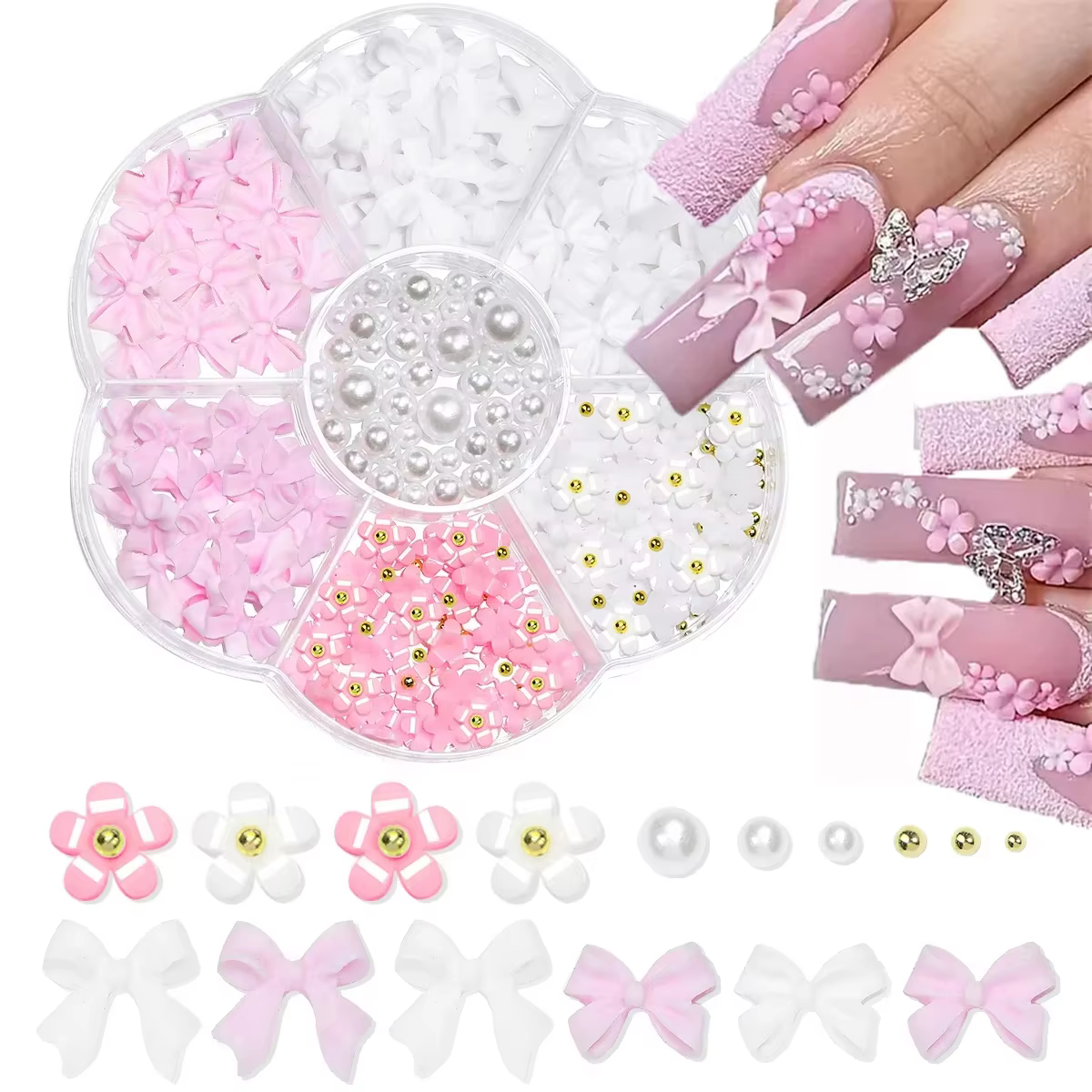 Mélange acrylique nœud papillon 3D Nail Art décorations fleur résine breloques or perles Caviar perl