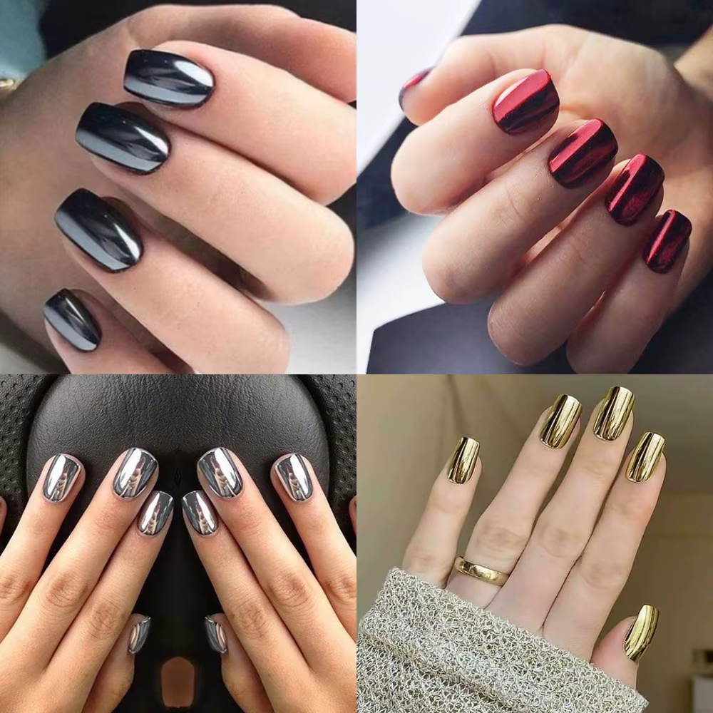 Faux ongles courts métalliques à embouts carrés, 24 pièces/ensemble, rouge, noir, rose, vert, bleu,