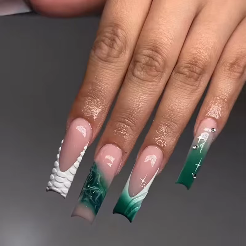 24 pièces papillon bâton sur ongles ensembles paillettes bleu Long cercueil faux ongles Art Simple f