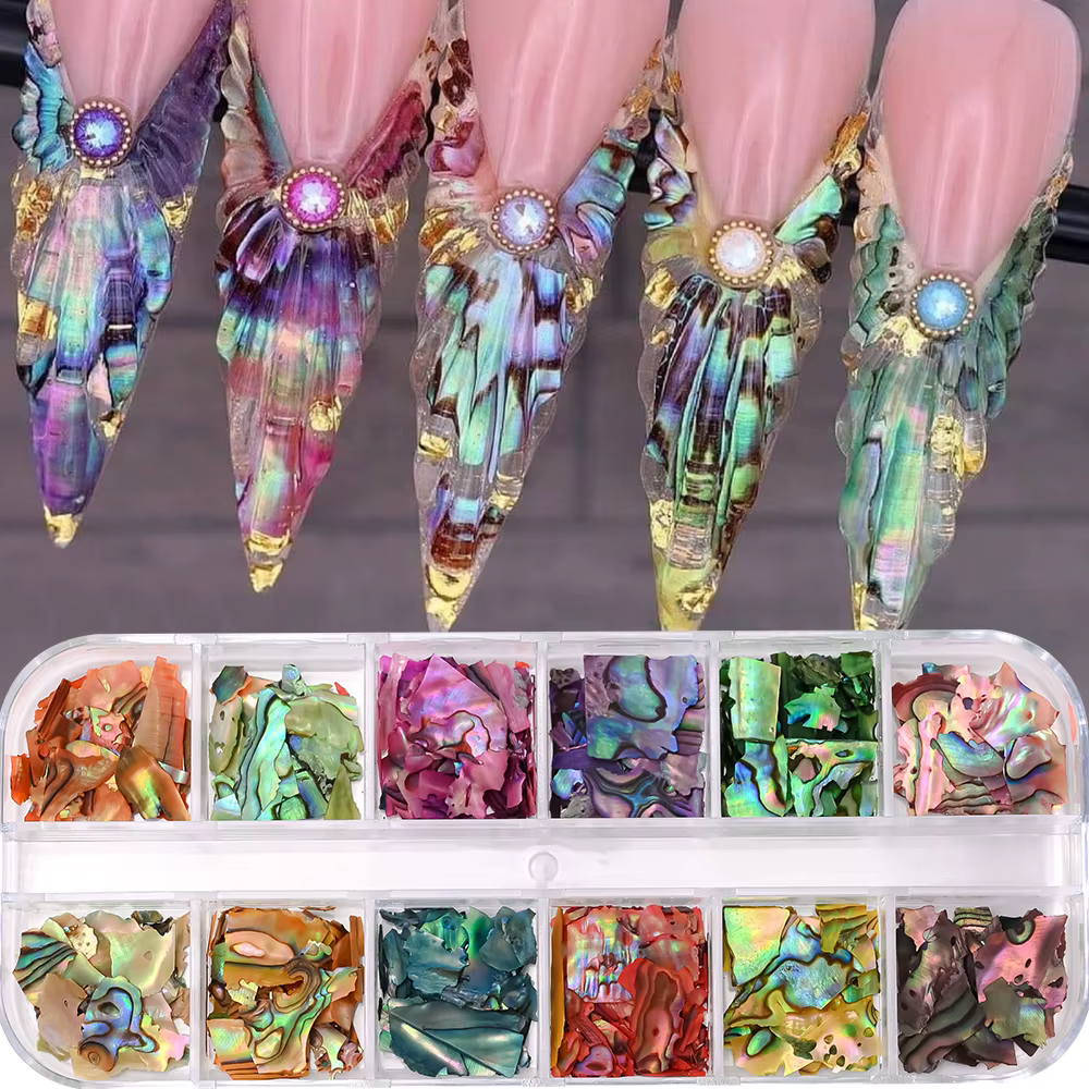 12 grilles Nail Art Aurora coquille d'ormeau flocons 3D tranches de coquille de mer irrégulières bre