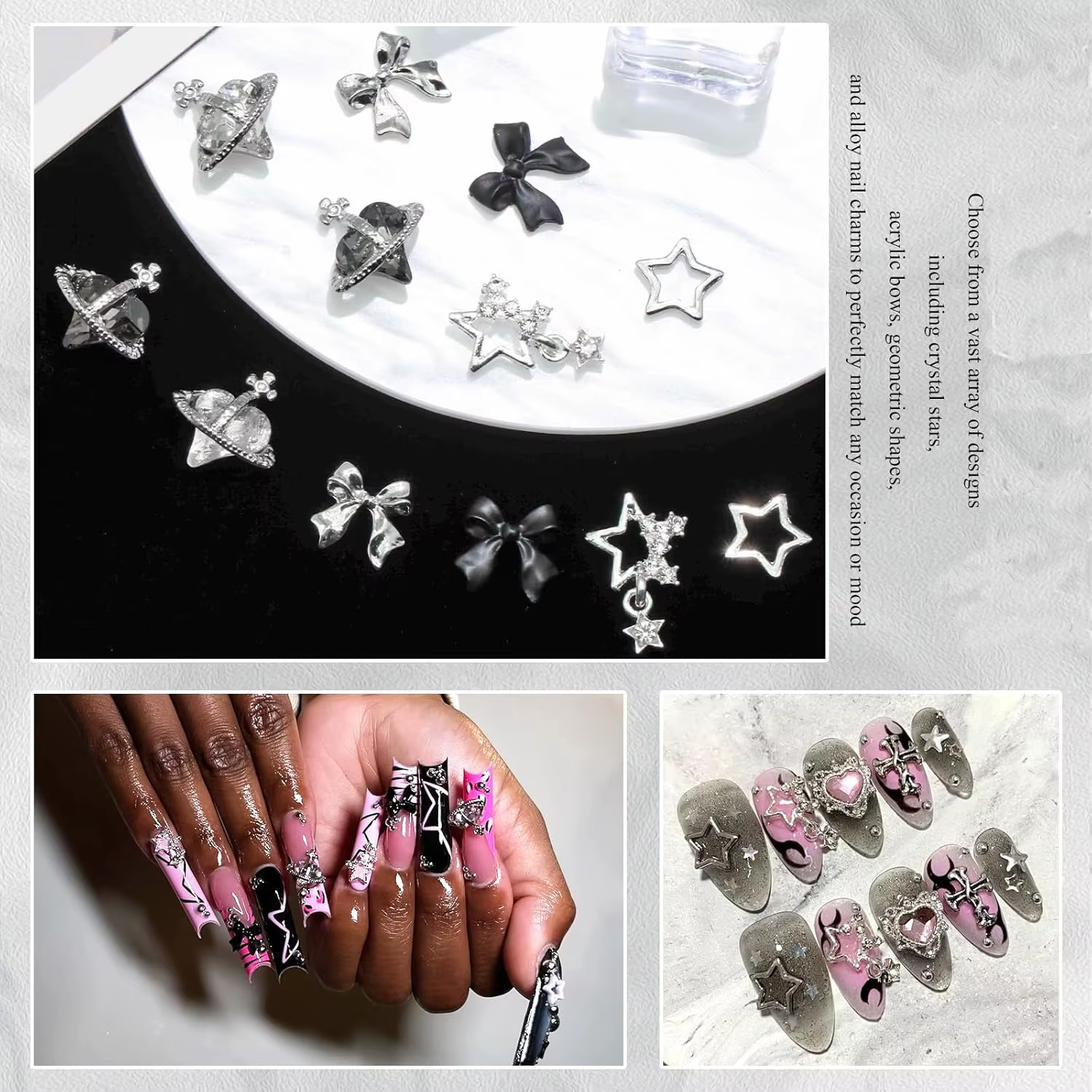122 pièces étoile ongles breloques 3D argent ongles breloques alliage arc breloques cristal Starligh