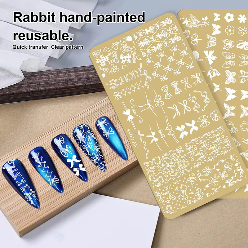 Plaques d'estampage rectangulaires dorées pour ongles, 12x6cm, nœud papillon, fleur, chat, modèles d