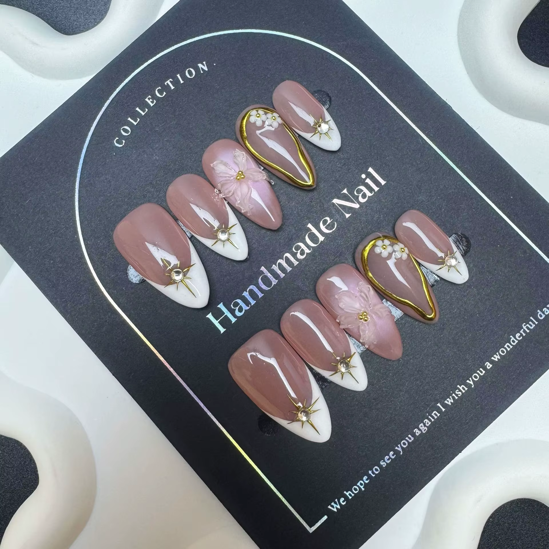 10 pièces à la main français presse sur ongles bord blanc conception amande faux ongles réutilisable