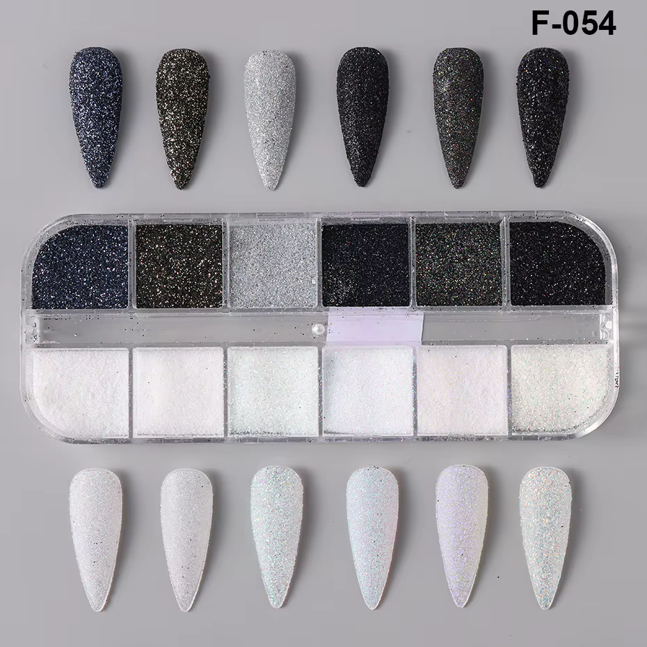 Poudre à paillettes pour ongles, 12 grilles, noir et blanc, effet sucre brillant, flocons chromés ir