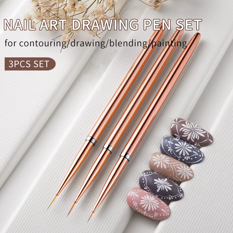 Ensemble de pinceaux de peinture pour nail art, outils de manucure, couleur or rose, 7/9/11mm, 3 piè