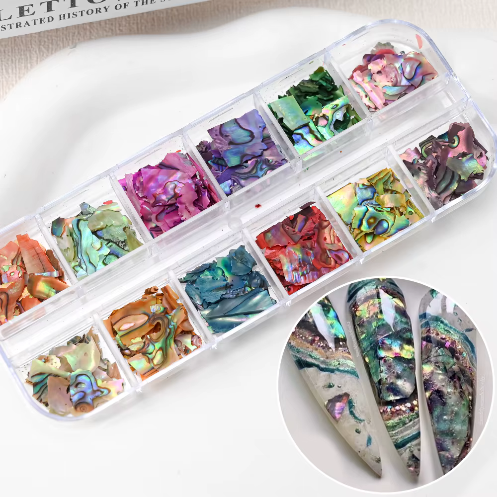 12 grilles Nail Art Aurora coquille d'ormeau flocons 3D tranches de coquille de mer irrégulières bre
