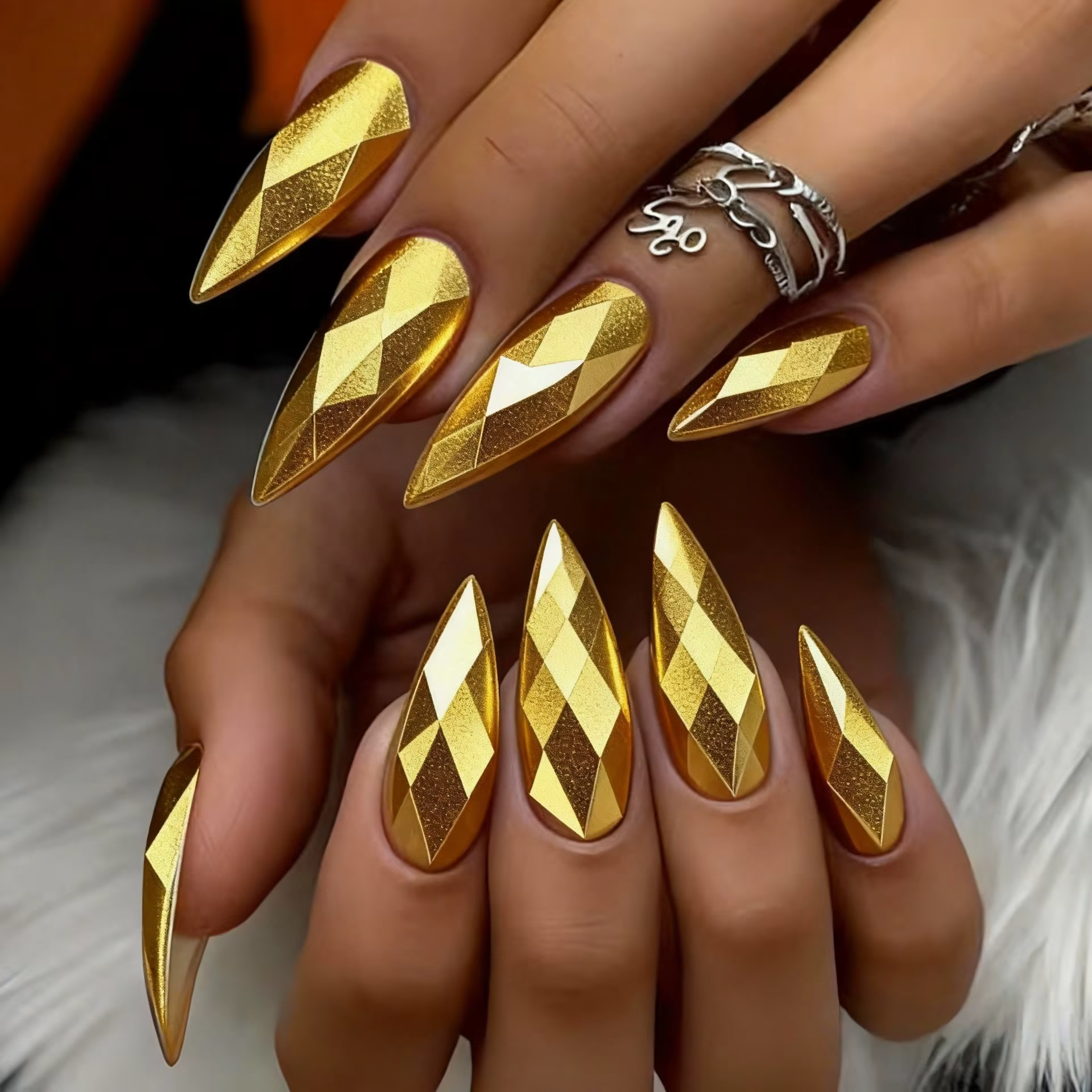 Faux ongles 3D holographiques plaqués, losange métallique brillant, rose, doré, jaune, argent, champ