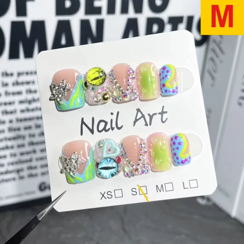 Faux ongles français courts en forme de bec de canard, faits à la main, avec strass, Design étoile d