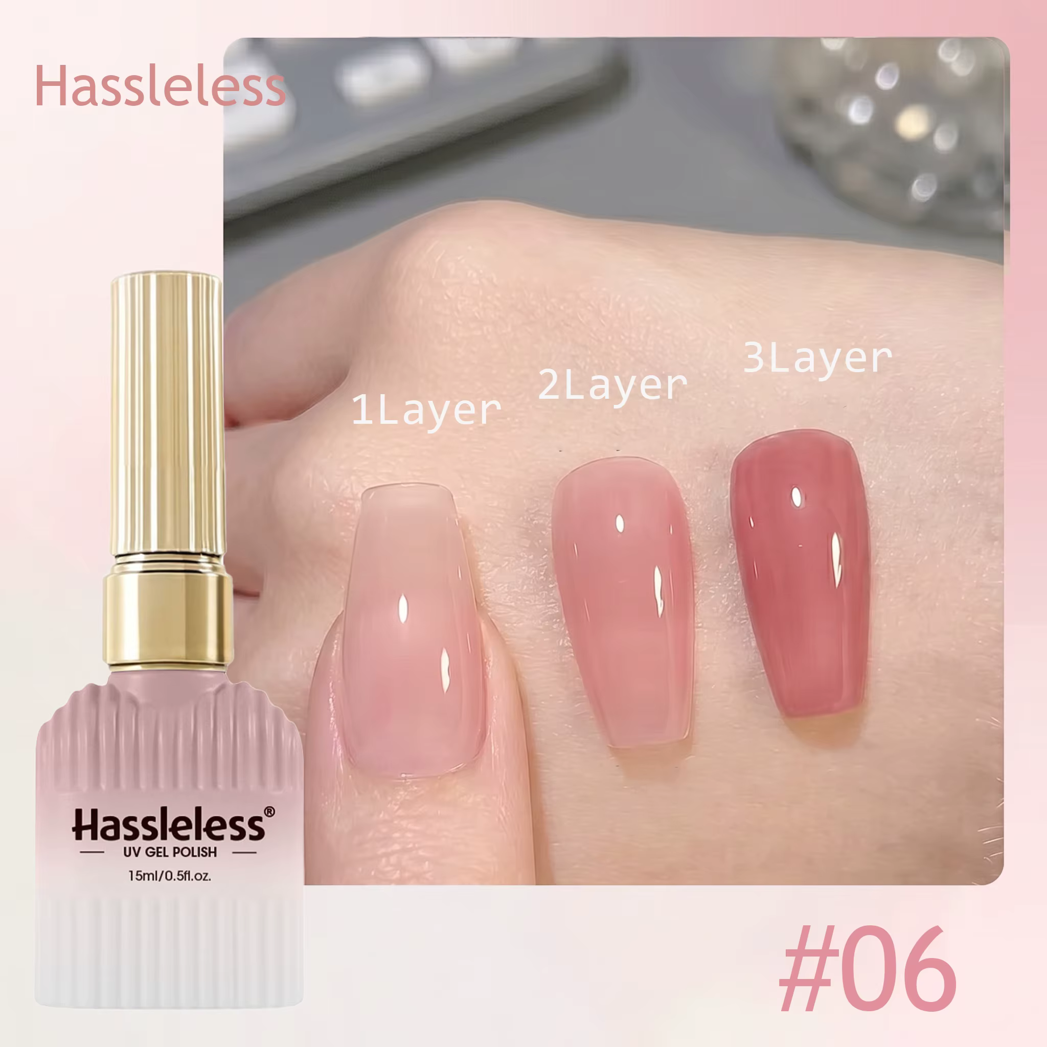 Sans tracas # Gel UV 06 Jelly Dusty Nude Pink 15ml, dégradé 3 couches, effet transparent, gel brilla