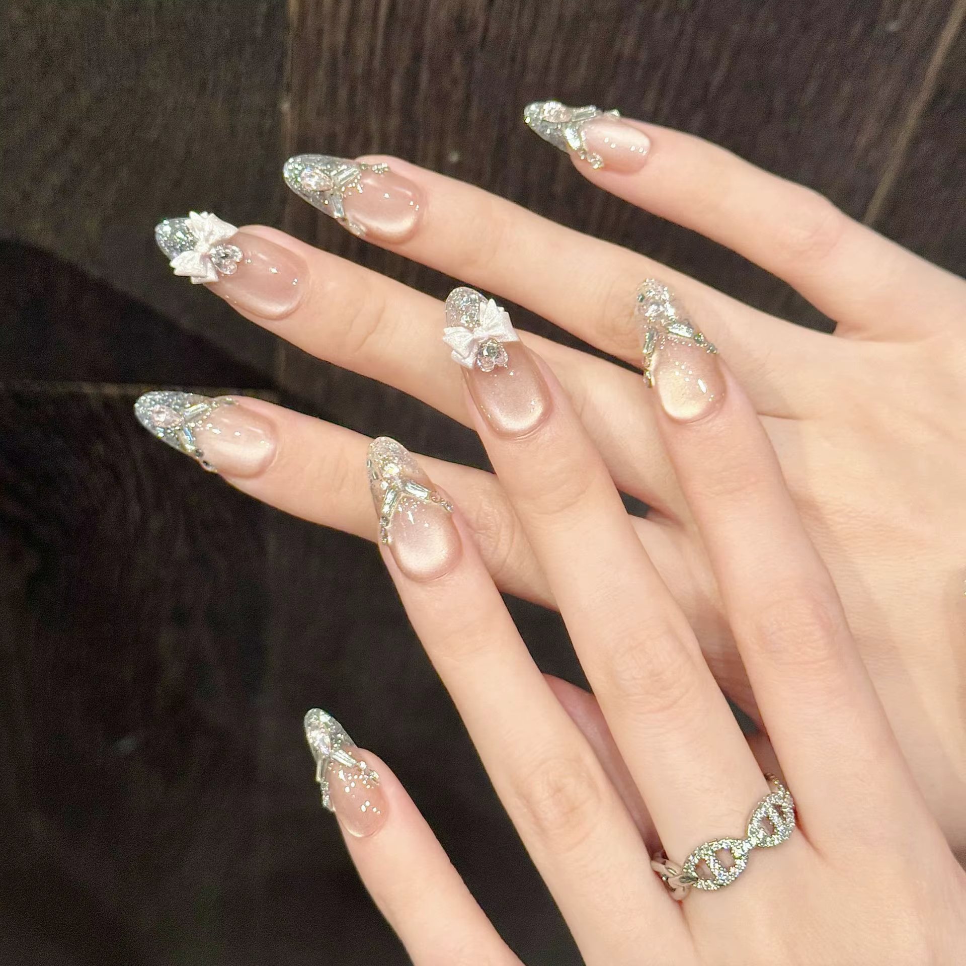 10 pièces à la main brillant diamant presse sur ongles paillettes rose arc décor faux ongles mariage