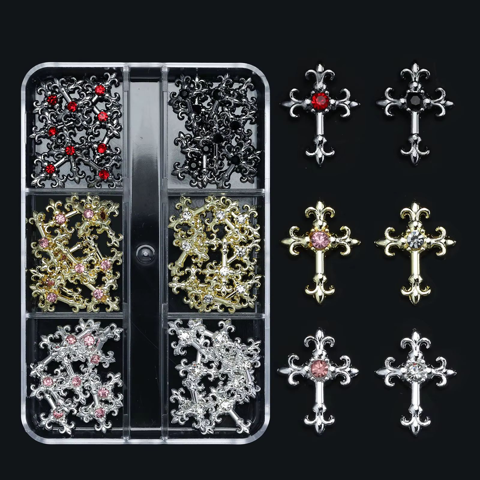 Strass en alliage rétro intégrés en zircon pour nail art, croix 3d Y2K, style gothique punk en métal