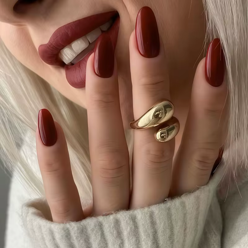 24 faux ongles de couleur unie rouge vin, mats et brillants, adaptés aux femmes, style minimaliste, 