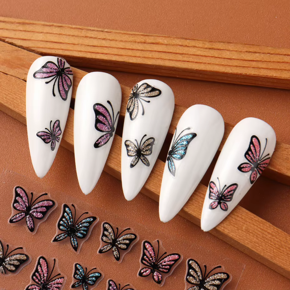 Autocollants pour ongles papillon à paillettes, décalcomanies, breloque 3D, Design bleu brillant ros