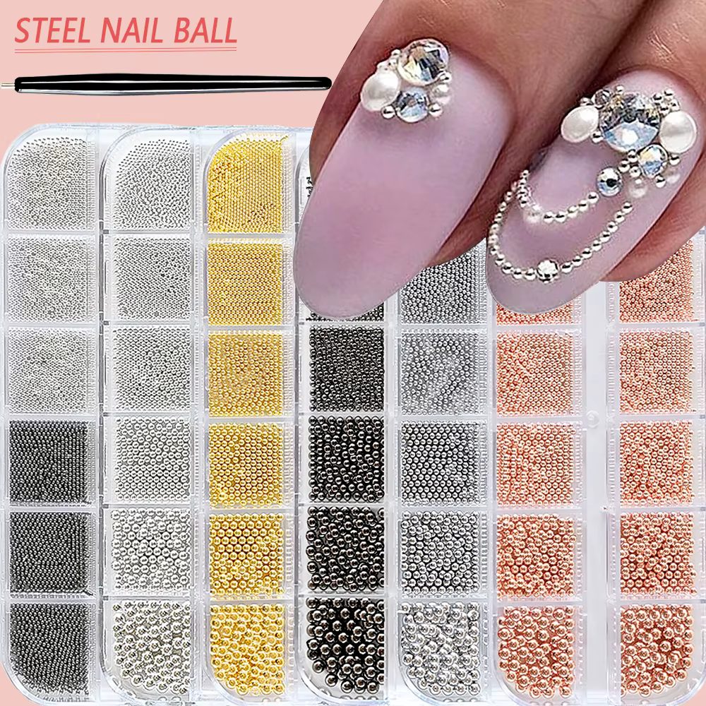 Mini perles de Caviar à 12 grilles, décorations pour Nail Art, Micro boule en métal or/argent, brelo
