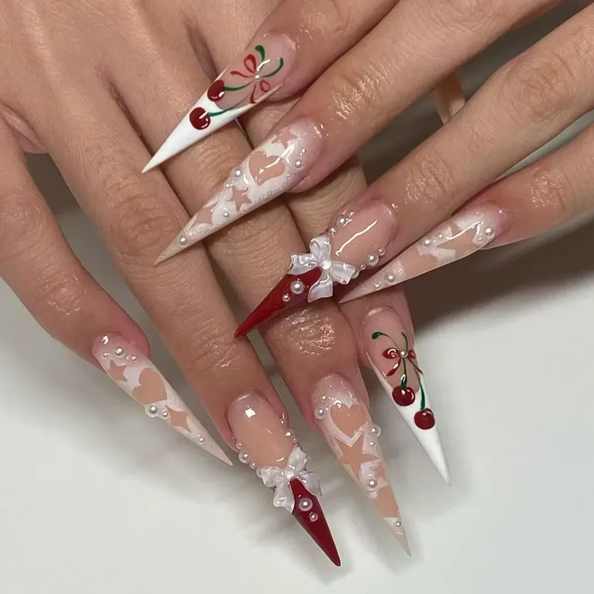 Faux ongles français à pression aiguille rose cerise, longs, avec nœud 3D, Design de perles, pointes