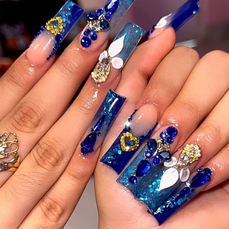 24 faux ongles à presser avec strass, motifs floraux, longs et carrés, en acrylique, style français,