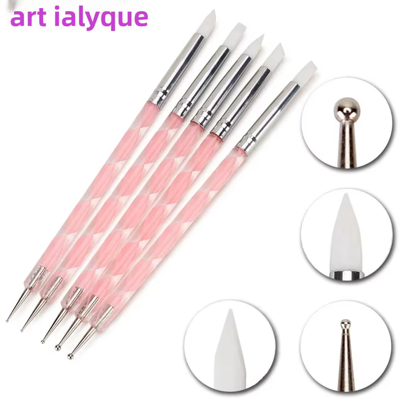5 pièces 2 voies Nail Art acrylique Silicone pointe fleur stylo à ongles en acier inoxydable outils