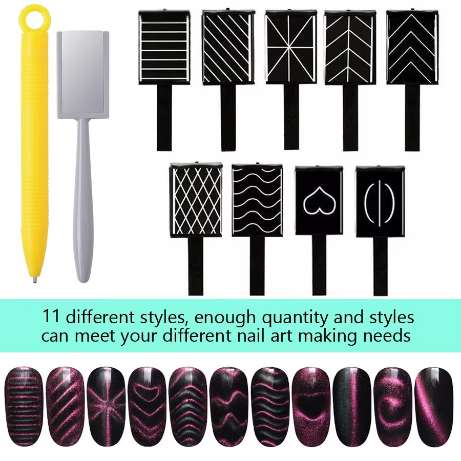 Ensemble de 11 outils d'art des ongles, tige magnétique œil de chat, aimant puissant adapté au polis