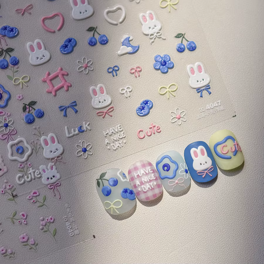 Autocollants pour ongles lapin 5D Kawaii, 1 pièce, dessin animé japonais, fleur rose bleue, adhésif,